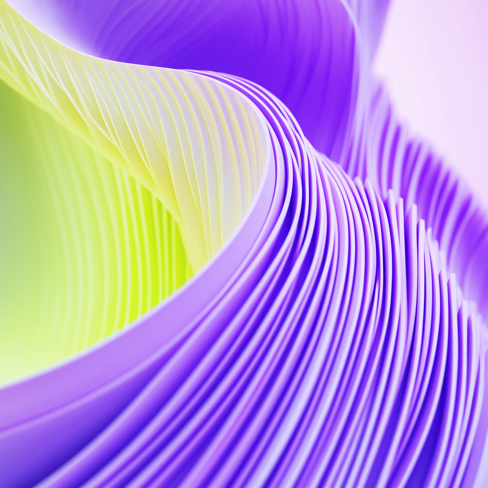 AI-generated abstract object in purple and lime yellow, consisting of slats